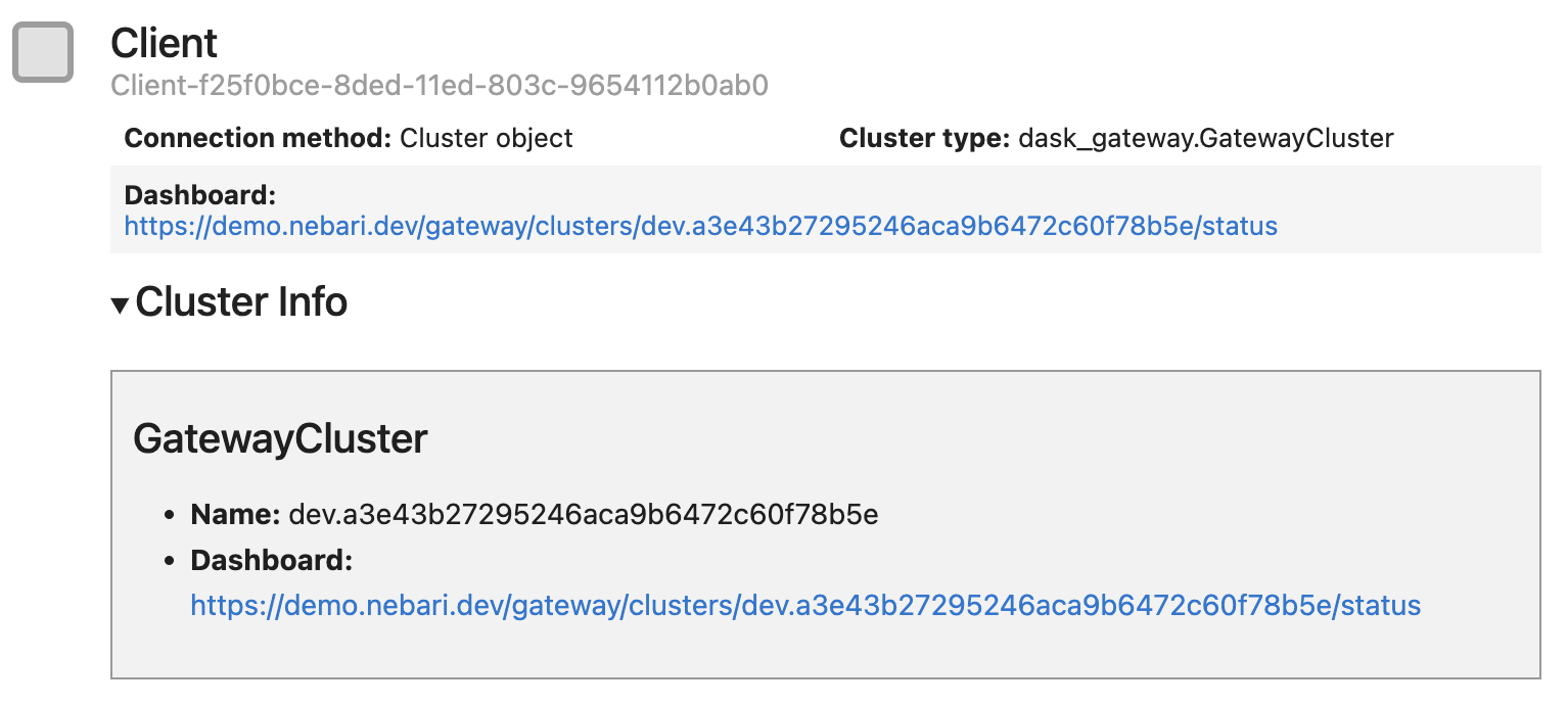 Nebari - Dask client UI showing details of the newly created Dask cluster