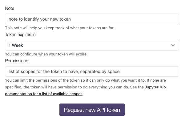 Form to create a new JupyterHub token