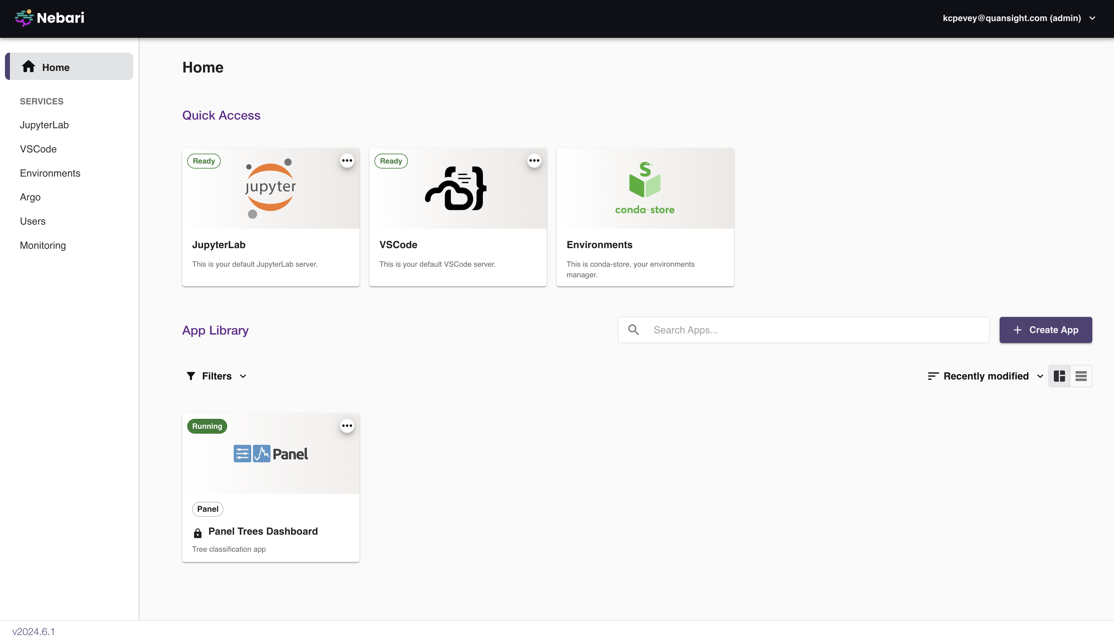 Nebari home page with Services: JupyterLab, Argo, Users, Environments, Monitoring, VSCode; My Apps: JupyterLab (default JupyterLab instance); and Shared Apps.