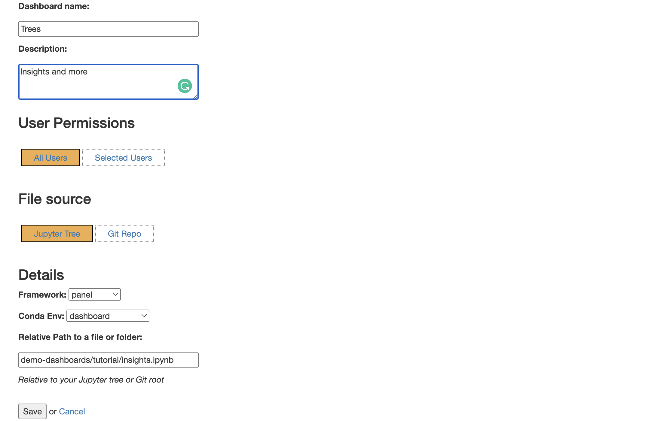 CDS dashboard configuration screenshot